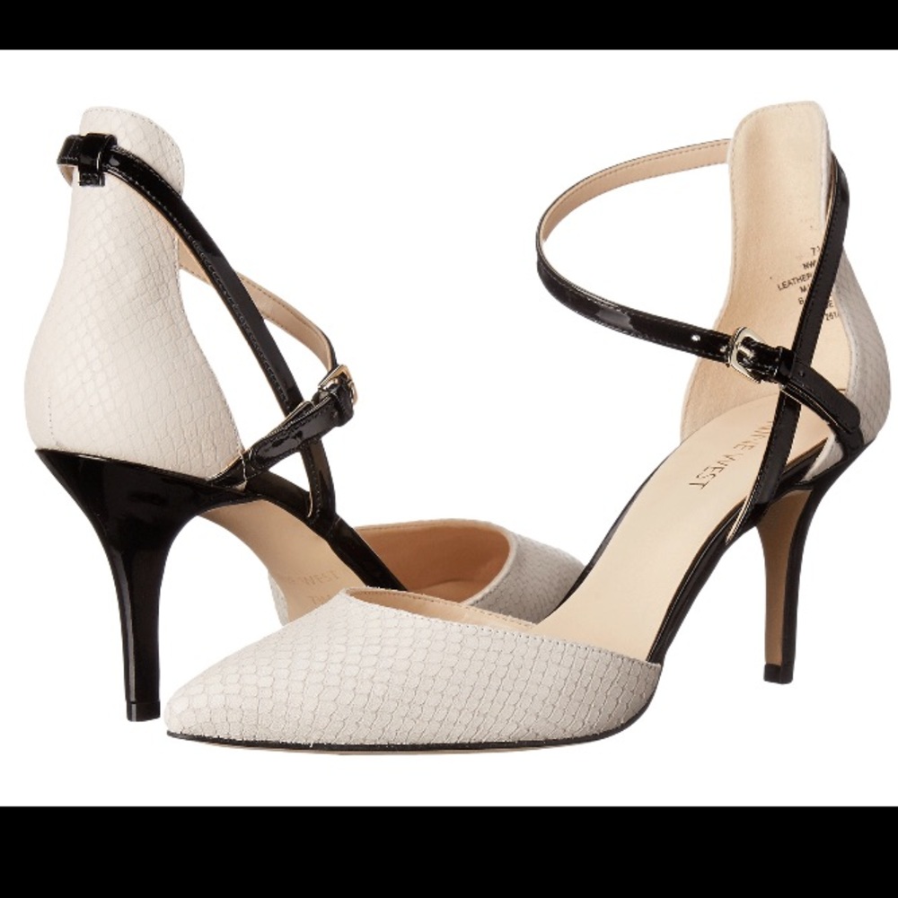 Pointed Toe Ankle-Strap Heels in Ivory and Black